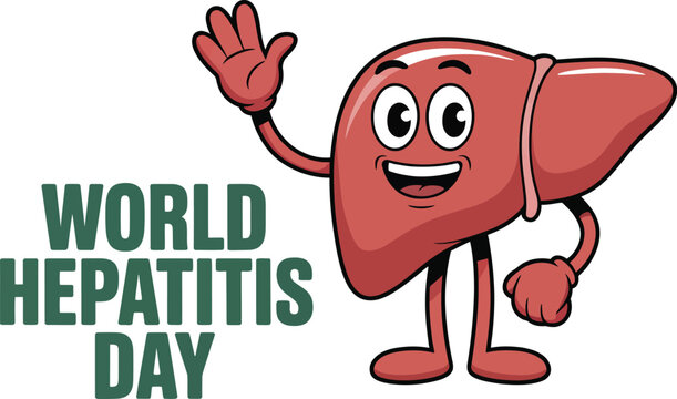 Cartoon liver character waving hand with world hepatitis day text on a white gradient background