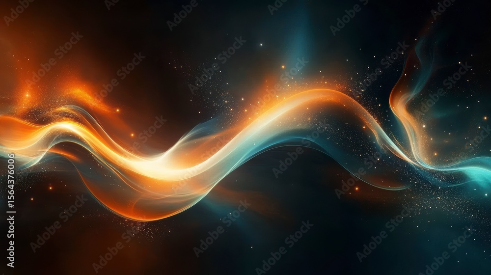 Wall mural abstract glowing orange and teal wave with sparkles on dark background.