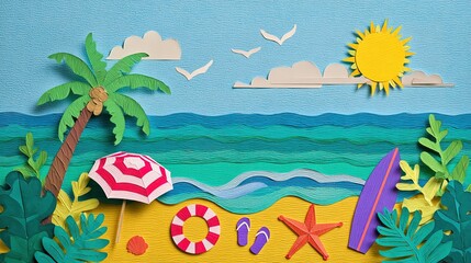 Obraz premium Tropical Beach Summer Scene Paper Craft Design Elements