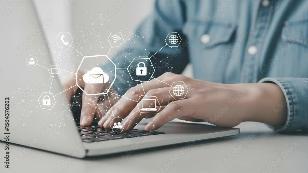 Poster person typing on a laptop with cloud computing and security icons overlayed on the image surface