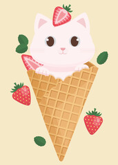 A Cute White Cat in Ice Cream Cone, with Summer Vibes