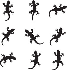 Collection of black gecko silhouettes on a white background