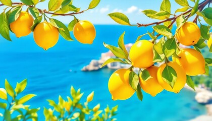 Vibrant watercolor lemons, sun-drenched Italian coast, azure sea,   illustration,   hills