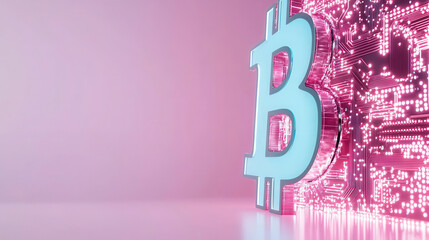 Glowing Bitcoin symbol stands against vibrant pink background filled with digital circuitry, symbolizing innovation