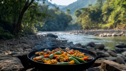 Grilled vegetables cooking on campfire by river in lush jungle.