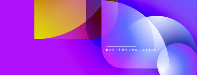 Abstract vibrant background. Overlapping shapes create dynamic visual effect. Purple dominates with blue, orange accents. Modern design element.
