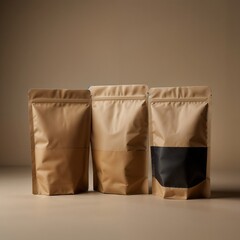 Three brown paper stand up pouches with zip lock closures on a beige surface in a studio setting
