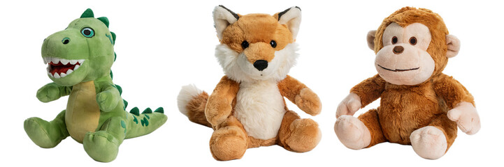 Adorable stuffed animal collection fox dinosaur monkey plush on transparent background fun