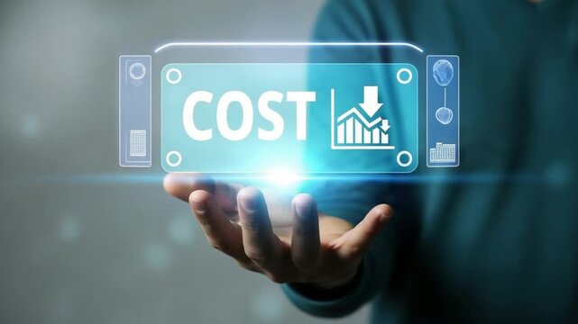 Hand holding a glowing screen displaying cost reduction graph and the word cost on a blue background