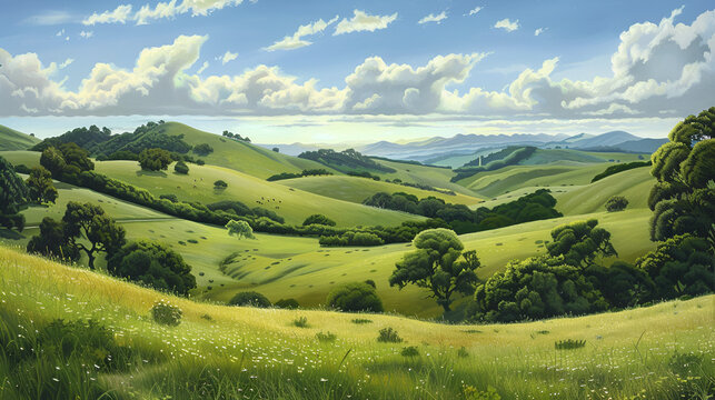 A vibrant landscape painting featuring rolling green hills and a bright blue sky with fluffy clouds