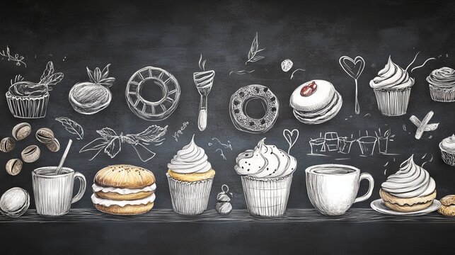 29.A rustic chalkboard-themed illustration of bakery treats, featuring cakes, croissants, and frosted donuts, arranged alongside sketched coffee cups and decorative accents for a cozy feel.