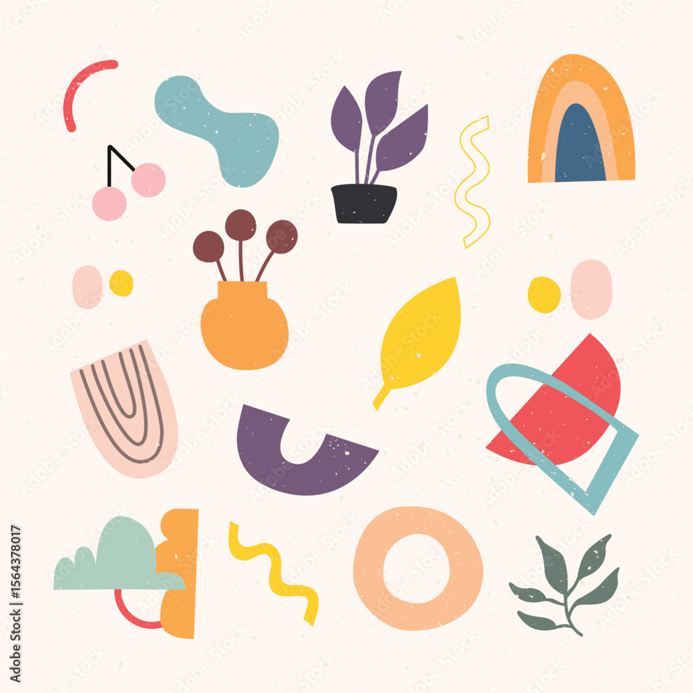 Aufkleber Colorful Abstract Shapes and Botanical Elements with Textured Background
