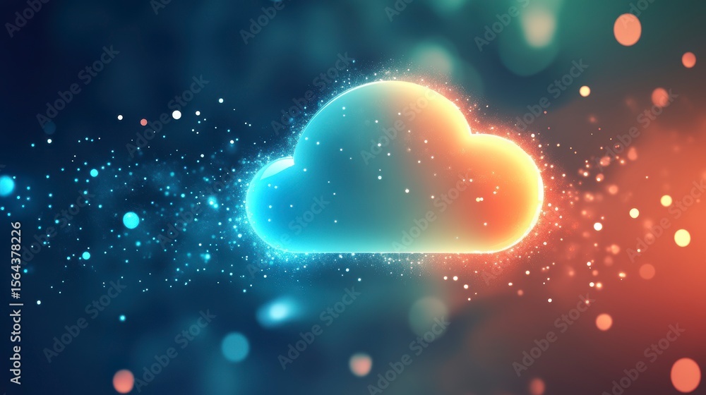 Poster glowing cloud symbol on dark background with bokeh lights, representing data storage, network, or co