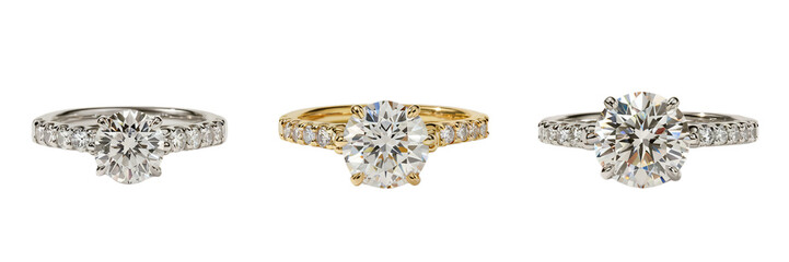 Stunning diamond engagement rings in gold and platinum settings on transparent background