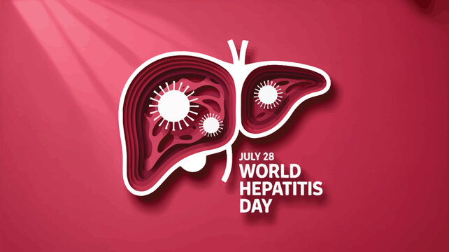 Illustration of a liver with virus icons and world hepatitis day text on a red background with light - Powered by Adobe