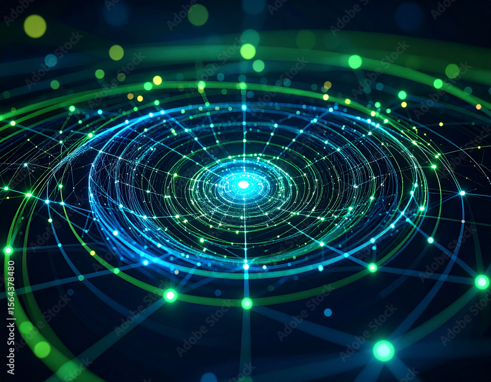 Aufkleber an abstract and futuristic image depicts a dynamic network of glowing green and blue lines interconn