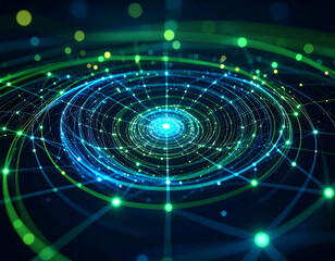 Obraz premium An abstract and futuristic image depicts a dynamic network of glowing green and blue lines interconnected with vibrant yellow and green dots, creating a sense of energy, technology, and intricate conn