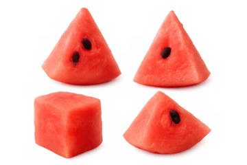 Ripe watermelon slices and geometric cube showcasing vivid crimson hue against transparent surface, revealing juicy freshness