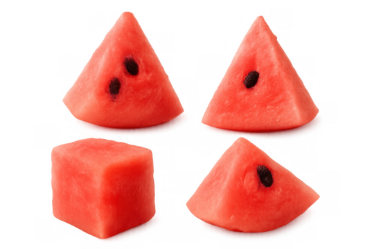 Ripe watermelon slices and geometric cube showcasing vivid crimson hue against transparent surface, revealing juicy freshness