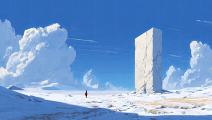 Snowy Landscape with Tall Ice Structure and Single Person Under Blue Sky
