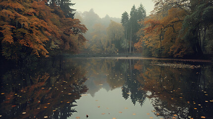 A tranquil lake reflecting autumn foliage and misty trees under an overcast sky in a serene landscape