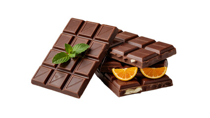 Delicious dark chocolate bars with orange and mint food life on transparent background