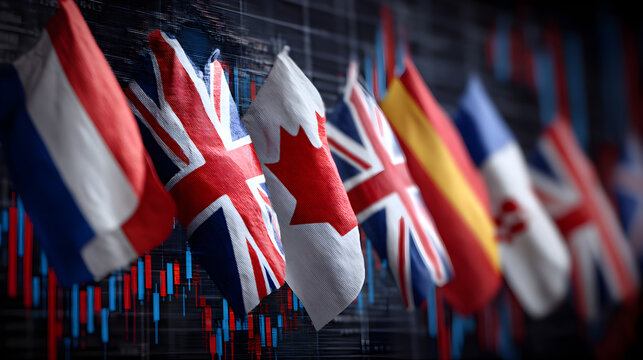 Flags of various countries displayed against a backdrop of a financial stock market chart analysis