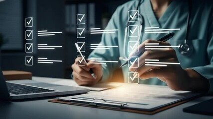 Doctor completing checklist on clipboard next to laptop with stethoscope around neck in hospital setting - Powered by Adobe