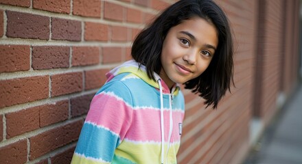 Teenage girl leans against brick wall
