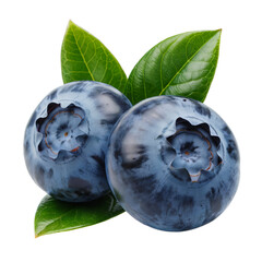 Two juicy blueberries with fresh green leaves isolated food leaf on transparent background