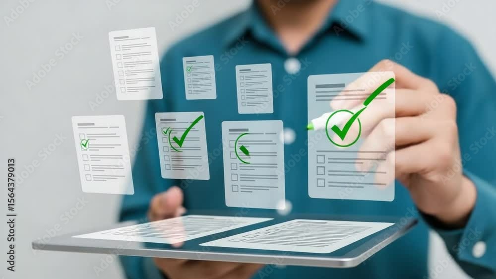 Poster man holding tablet with floating checklist documents and green check marks in a digital interface