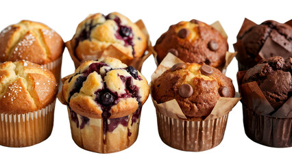 Delicious variety of sweet muffins with blueberry and chocolate on transparent background