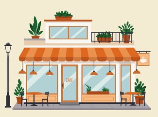 Vector illustration of a modern caffe with detailed exterior and city elements
