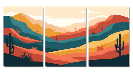 Abstract layered landscape art with cacti featuring warm colors and desert scenery panels