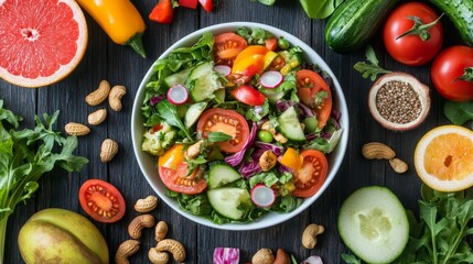 Vibrant Vegetable Salad Bowl with Fruits and Nuts on Dark Wood