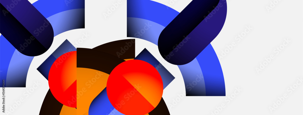 Poster Abstract composition features vibrant shapes, colors. Blue, orange, red elements create dynamic visual impact. Modern design.