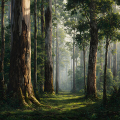Majestic Dawn in the Timber Forest: Embracing Nature's Serene Splendor as Sunlight Dances Through Ancient Trees