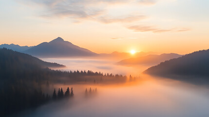 Fototapeta premium A breathtaking sunrise over misty mountains and valleys, showcasing nature's beauty and tranquility at dawn.