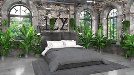 Luxurious bedroom interior with industrial elements and abundant greenery for a restful space
