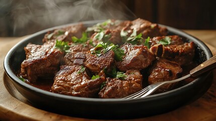 Tender beef tips sizzle with fresh parsley on a dark plate with fork.