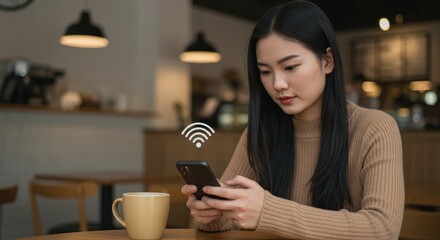 Woman using a smartphone at a table in a cafe with wifi signal.