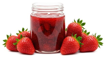 Jar of strawberry jam surrounded by fresh strawberries on white background.