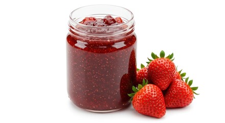 Jar of strawberry jam with fresh strawberries on a white background.