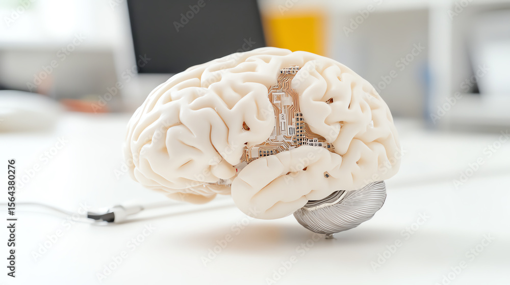 Poster a close-up of a human brain model showcasing intricate details, symbolizing intelligence and technol