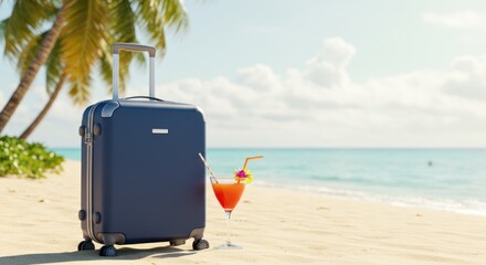 Suitcase and drink on a sandy beach with palm trees and ocean.