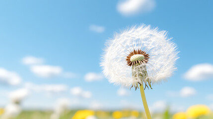 Naklejka premium A close-up of a dandelion puff against a bright blue sky, showcasing nature's beauty and the simplicity of wildflowers.