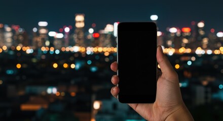 Hand holding smartphone with blank screen city skyline buildings lights blurred in background.