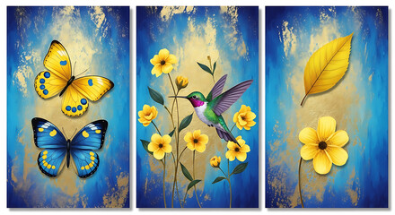 Stunning triptych artwork featuring butterflies hummingbird flowers and leaf on abstract blue gold background