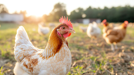 Fototapeta premium A close-up of a hen in a vibrant farm setting during golden hour, capturing the essence of country life and animal agriculture.