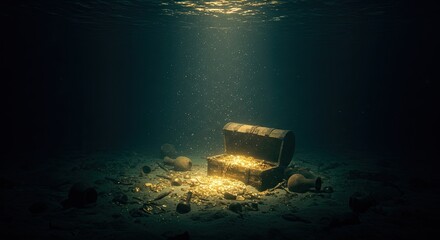 Underwater treasure chest. Sunlight beams down on golden treasure